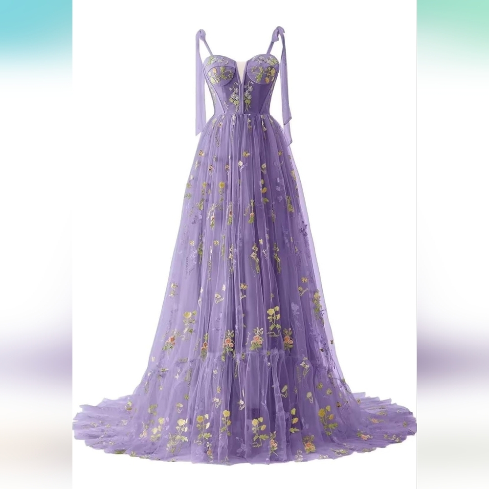 Lavender, embroidered tulle gown